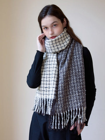 Navy Split Grid & Houndstooth Scarf
