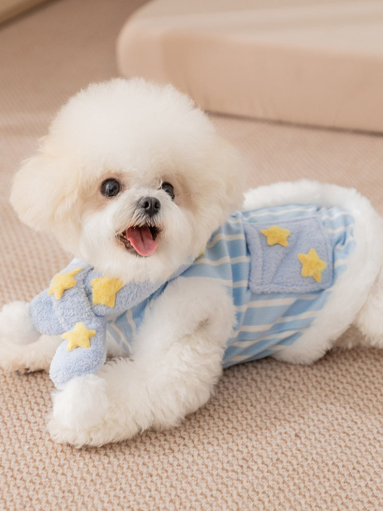 A white Bichon Frise dog lying down while wearing a blue and white striped dog coat with yellow star appliques and faux fur trim.