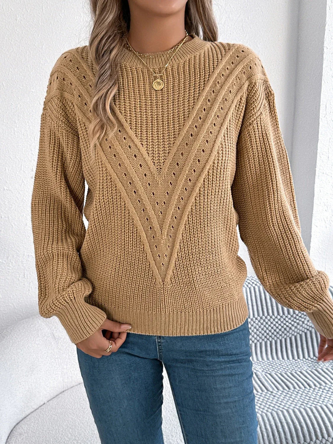 White Pointelle Knit Sweater - WEUXS