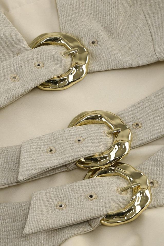 Tailored linen blend suit set with cut-out blazer and wrap skirt - View 7 | WEUXS