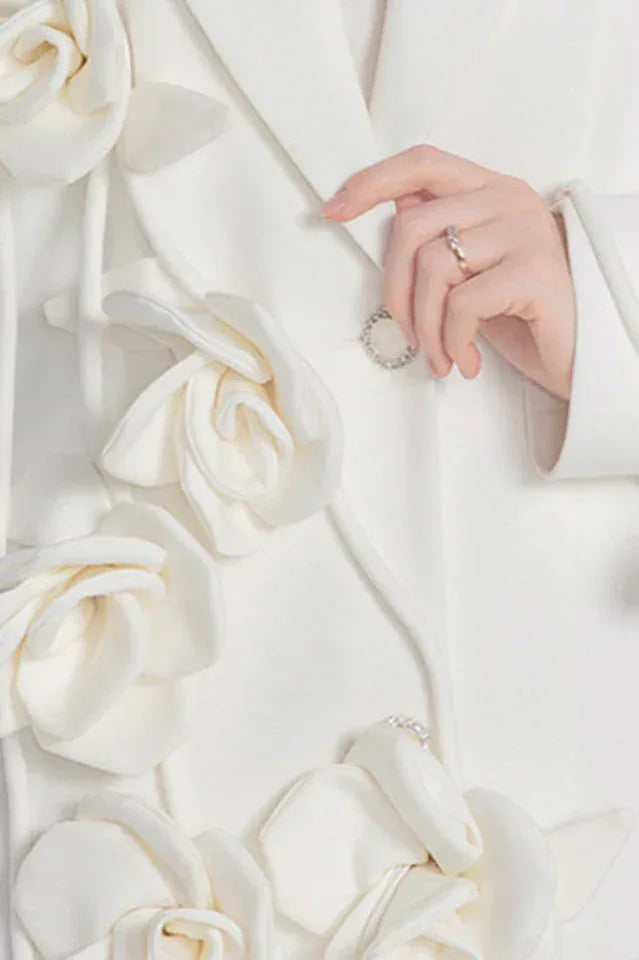 Women's white blazer dress with 3D floral embellishments - View 7 | WEUXS