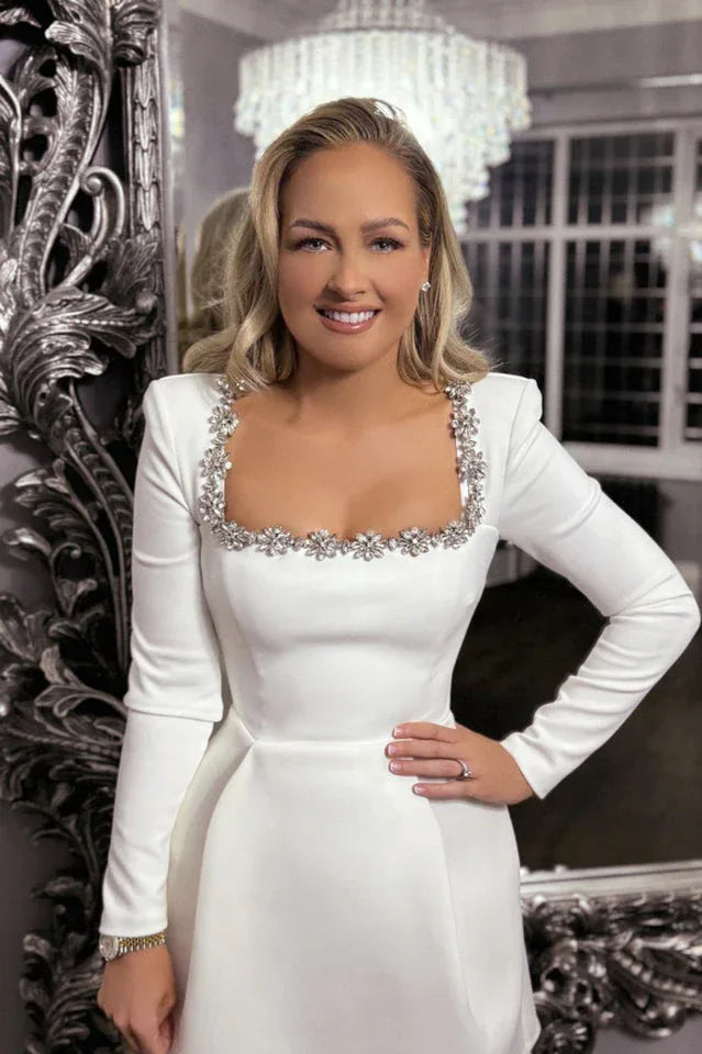White embellished square neck long sleeve crepe mini dress - View 9 | WEUXS