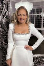 White embellished square neck long sleeve crepe mini dress - View 9 | WEUXS