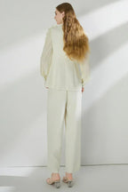 Cream textured crepe wide-leg trouser suit set with embellished shoulders and pleated sleeves. - View 8 | WEUXS