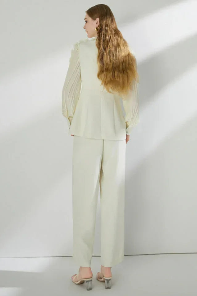 Cream textured crepe wide-leg trouser suit set with embellished shoulders and pleated sleeves. - View 8 | WEUXS