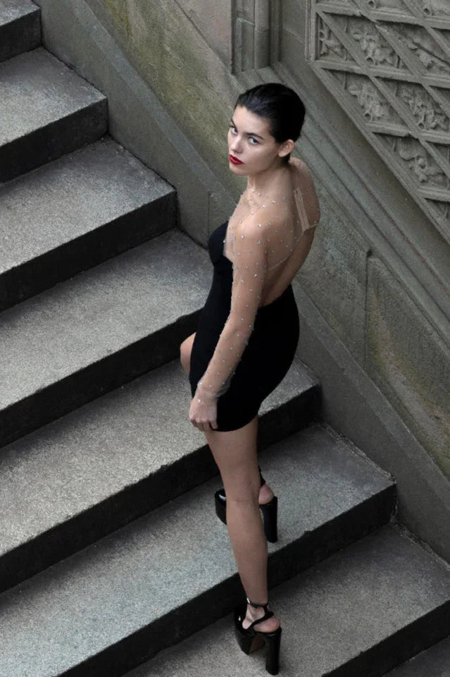 Black crystal embellished mini dress - View 12 | WEUXS
