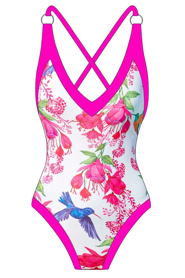 V-neck one piece swimsuit with crisscross back and floral print - View 12 | WEUXS