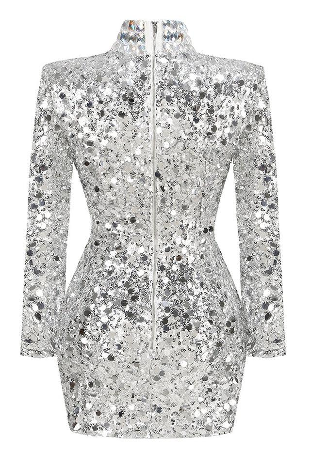 Silver sequin mini dress with high neckline and long sleeves - View 6 | WEUXS