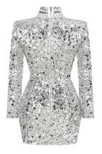 Silver sequin mini dress with high neckline and long sleeves - View 6 | WEUXS