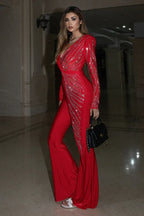 Women's elegant black crepe jumpsuit with V-neckline and rhinestone embellishments - View 10 | WEUXS