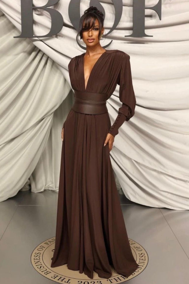 Rosey Tan Maxi Dress With Waist Belt | Dress In Beauty