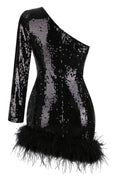 Romy One Shoulder Sequin Feather Mini Dress | Dress In Beauty