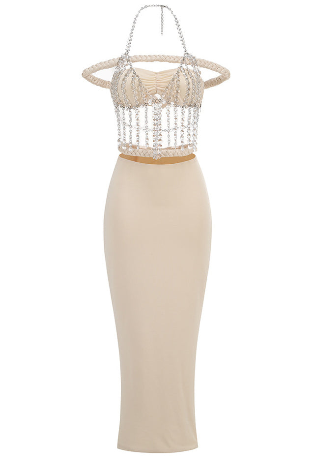 Halter Crystal Braided Bardot Maxi Dress | Dress In Beauty