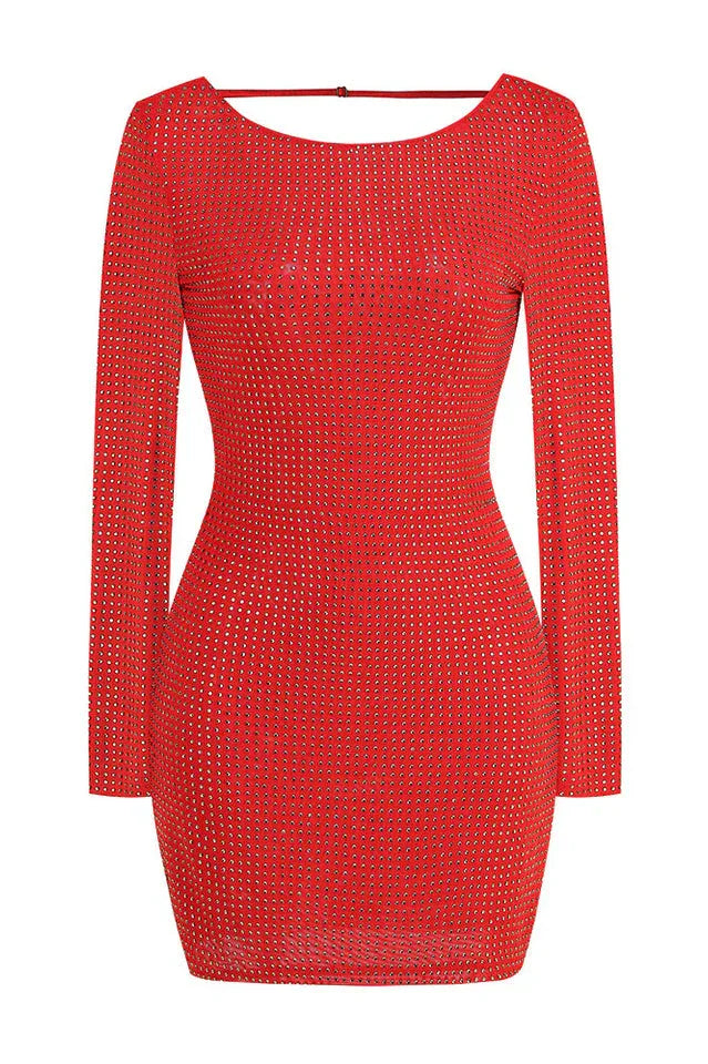 Rhinestone embellished long sleeve scoop neck fitted mini dress - View 13 | WEUXS