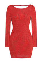 Rhinestone embellished long sleeve scoop neck fitted mini dress - View 13 | WEUXS