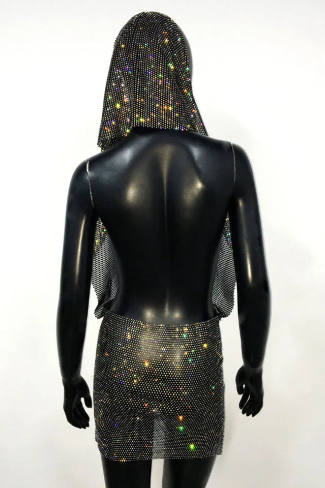 Sparkling Embellished Hooded Mini Dress - View 9 | WEUXS
