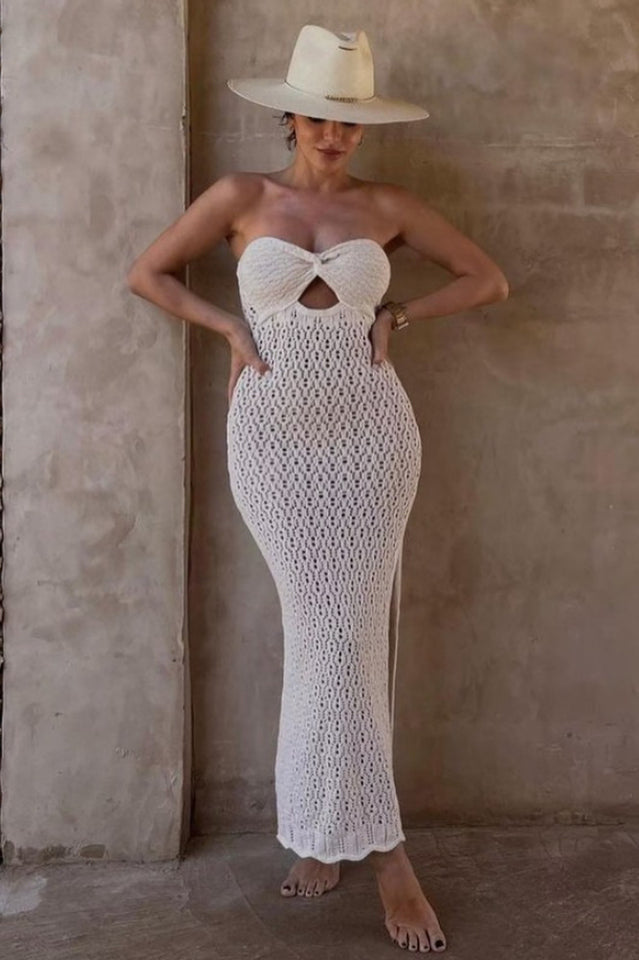 Tallulah Beige Crochet Strapless Maxi Dress | Dress In Beauty