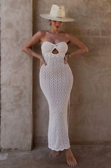 Tallulah Beige Crochet Strapless Maxi Dress | Dress In Beauty