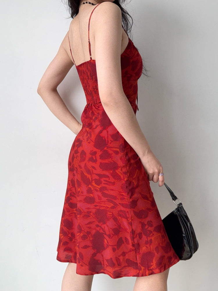 Back view of a woman in a red floral print midi dress