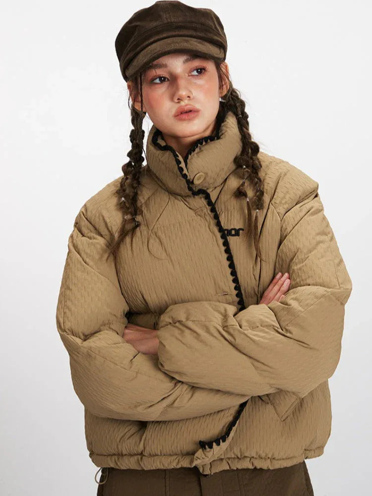 Textured Stand Collar Cropped Puffer Jacket - WEUXS