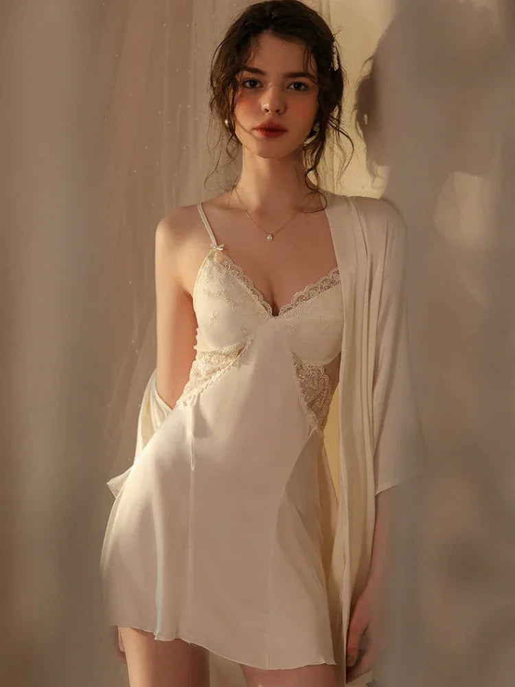 French Princess | Dot Mesh & Lace Satin Robe Set - WEUXS