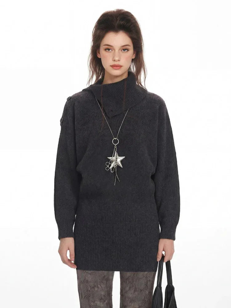 Charcoal grey high neck buttoned knit mini dress - View 6 | WEUXS