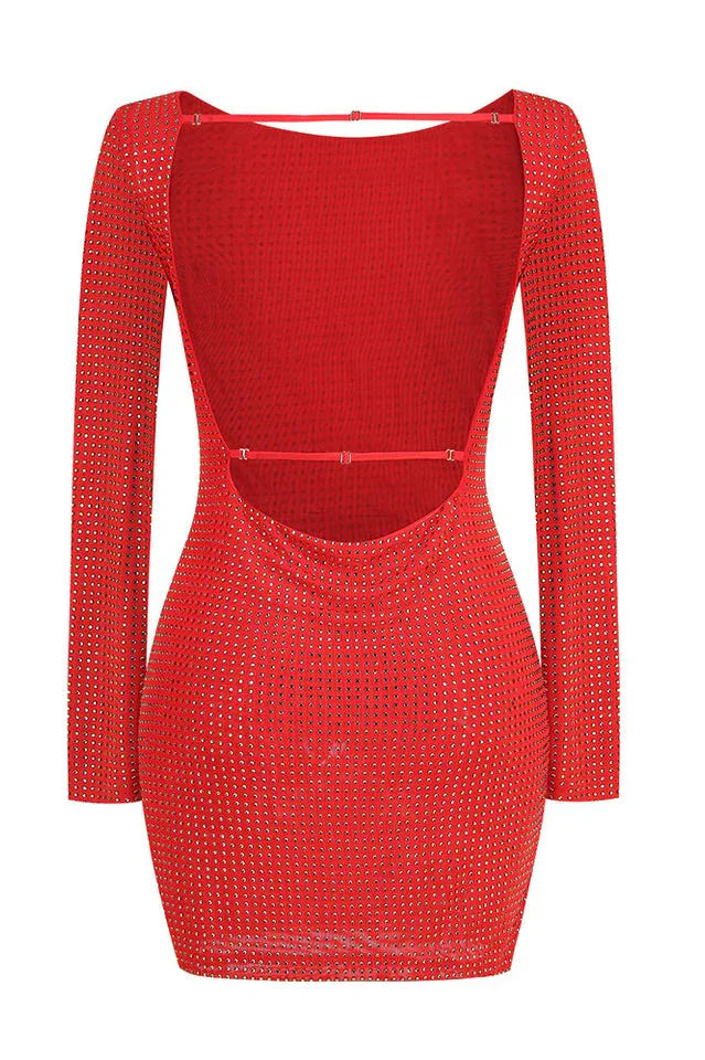Rhinestone embellished long sleeve scoop neck fitted mini dress - View 14 | WEUXS