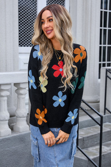 Flower Round Neck Long Sleeve Sweater | Dress In Beauty
