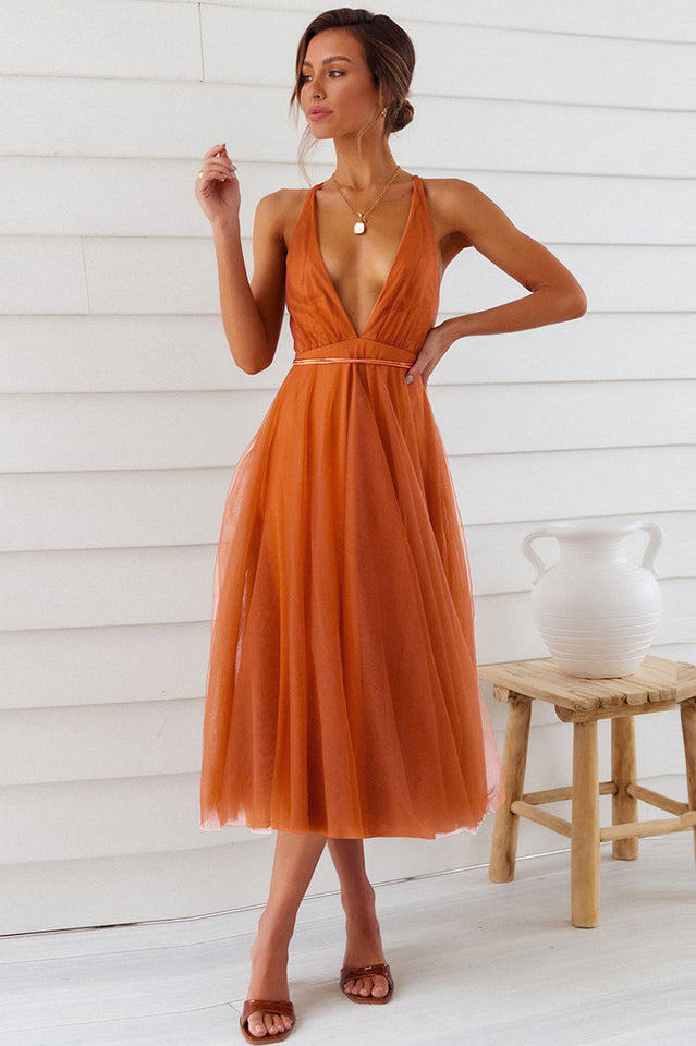 Plunging Neck Backless Mesh Midi Dress | Dress In Beauty