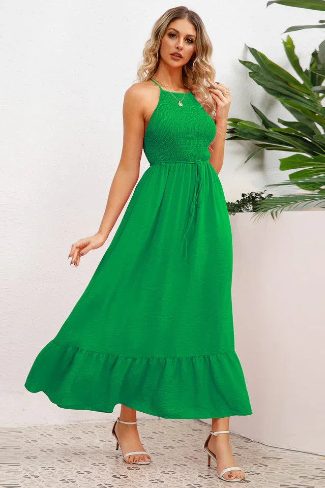 Smocked Crisscross Spaghetti Strap Dress - WEUXS