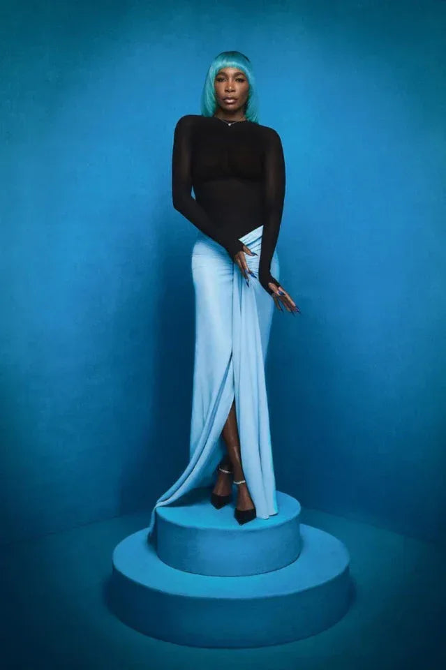 Woman wearing a blue ruched maxi skirt and black long sleeve bodysuit - View 11 | WEUXS