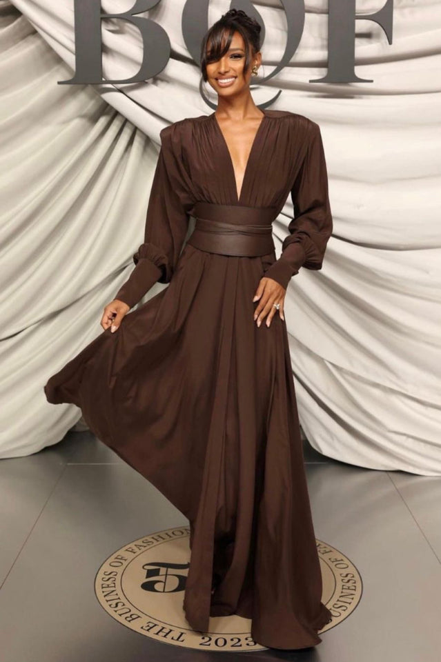 Rosey Tan Maxi Dress With Waist Belt | Dress In Beauty