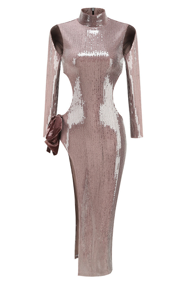 Long Sleeve Bow Detail Sequin Maxi Dress | Dress In Beauty