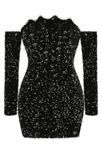 Front studio shot of a black sequined off-the-shoulder mini dress with long sleeves
