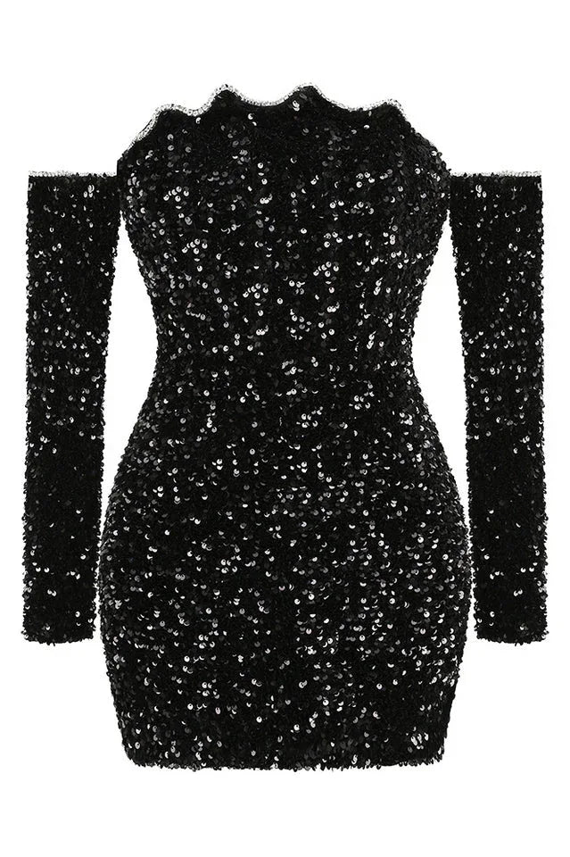 Front studio shot of a black sequined off-the-shoulder mini dress with long sleeves