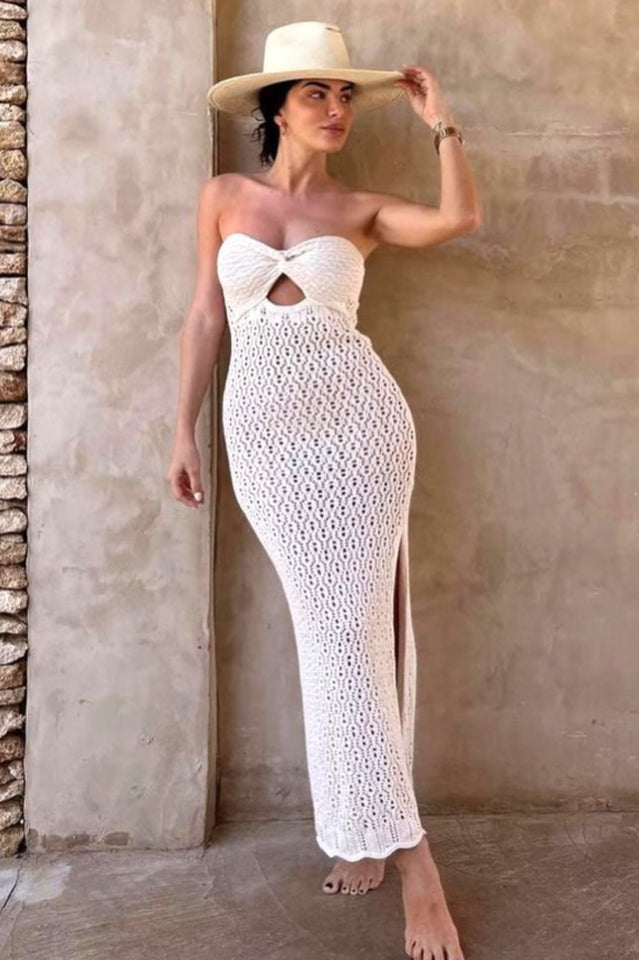 Tallulah Beige Crochet Strapless Maxi Dress | Dress In Beauty