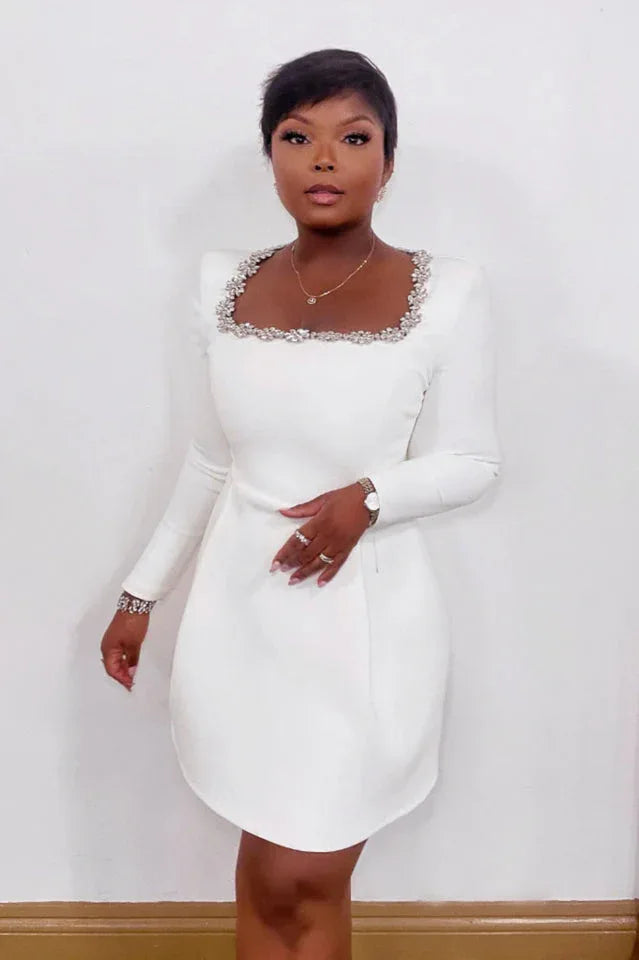 White embellished square neck long sleeve crepe mini dress - View 10 | WEUXS