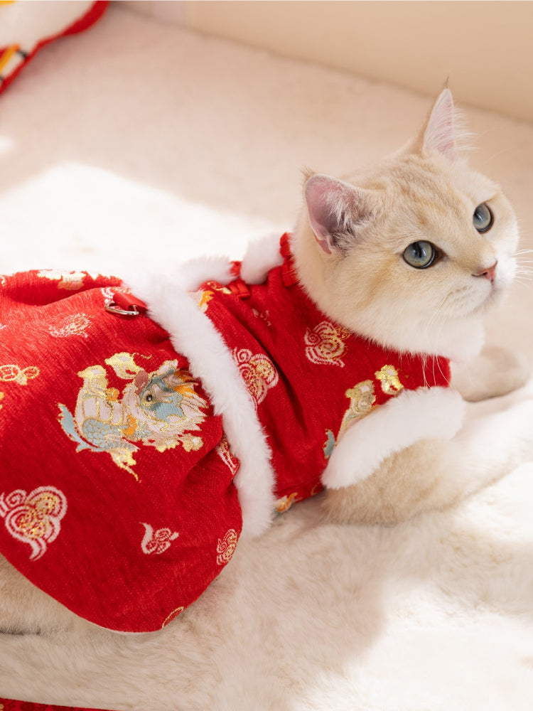 Side view of a cat wearing a red festive vest dress with traditional Chinese patterns