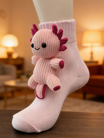 Pink knit crew sock with a pink axolotl applique on the side