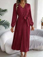 Vintage Khaki V-Neck Pleated Maxi Dress - View 22 | WEUXS