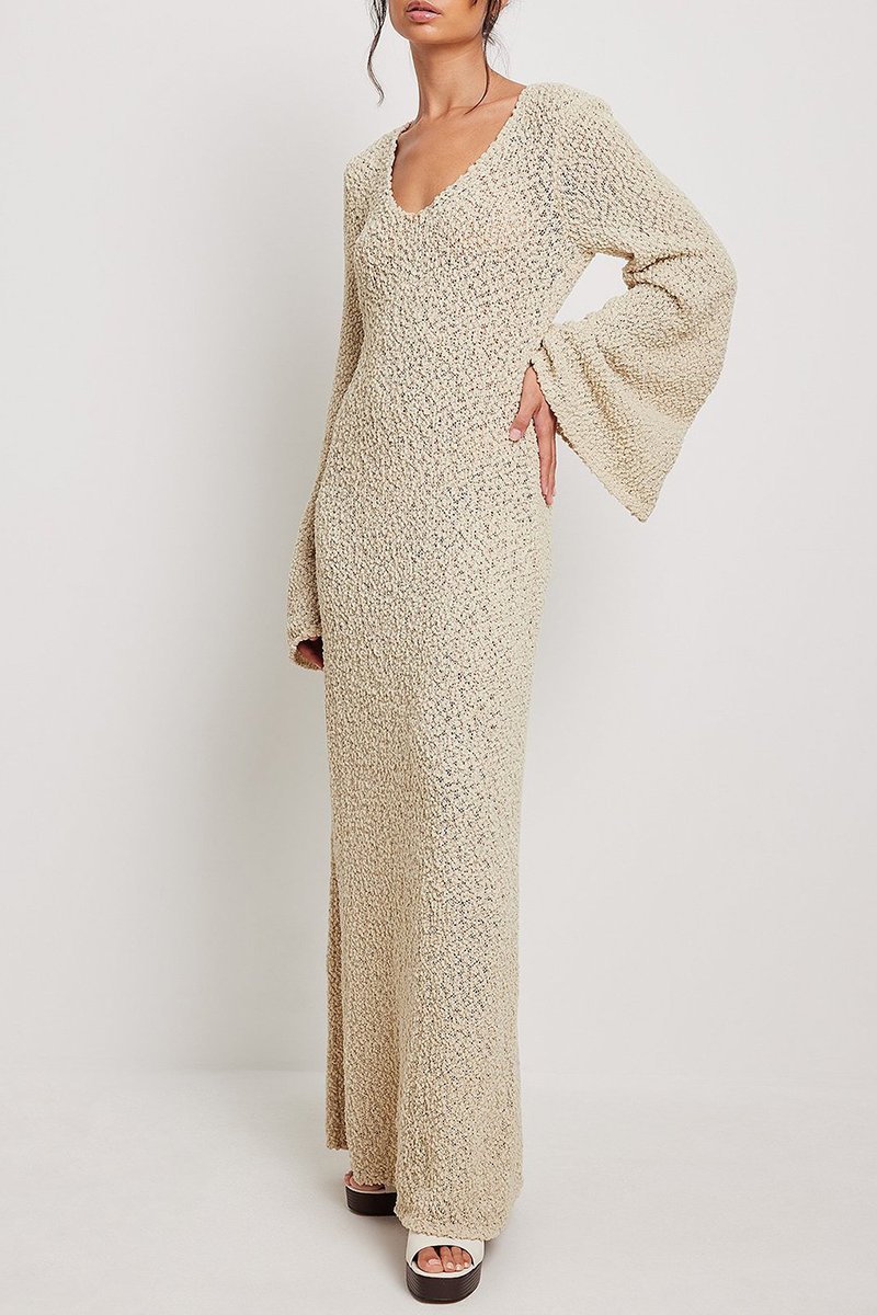 Cream Textured Knit Bell Sleeve Maxi Dress - Backless Boho Scoop Neck Long Gown