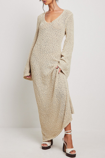 Cream Textured Knit Bell Sleeve Maxi Dress - Backless Boho Scoop Neck Long Gown
