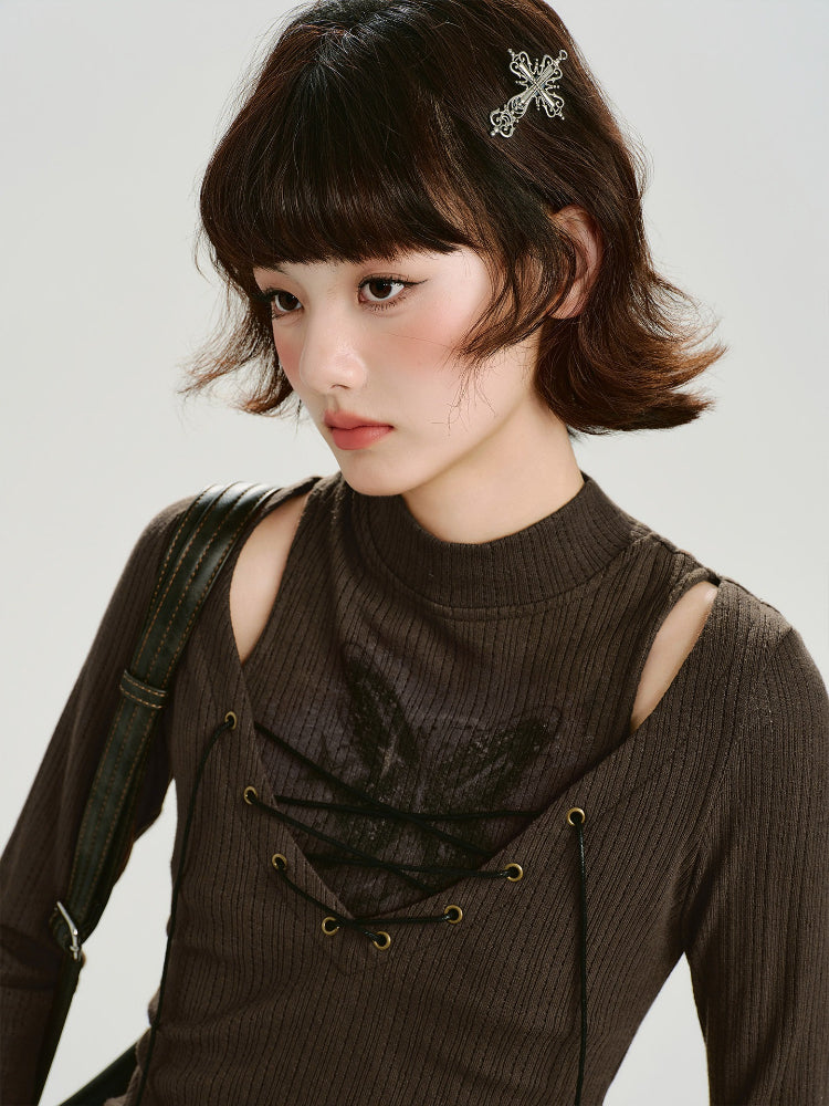 Side profile of the model showing the cut-out shoulder detail on the brown top.