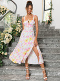 ruched bust split thigh floral cami pink yellow dress#color_pink-yellow