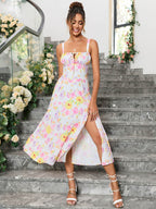 ruched bust split thigh floral cami pink yellow dress#color_pink-yellow