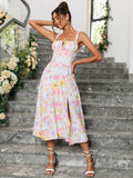 pink yellow ruched bust split thigh floral cami dress#color_pink-yellow