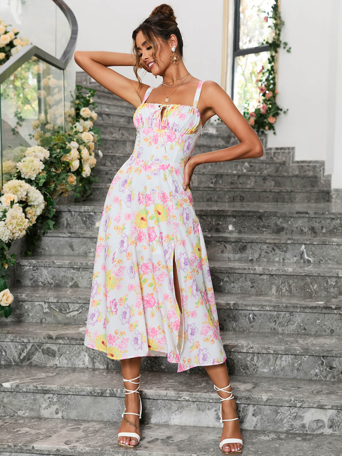 pink yellow ruched bust split thigh floral cami dress#color_pink-yellow