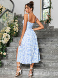 ruched bust split thigh floral cami dress blue back#color_blue