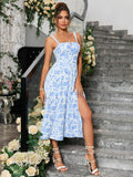 blue ruched bust split thigh floral cami dress#color_blue