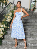 ruched bust split thigh floral blue cami dress#color_blue